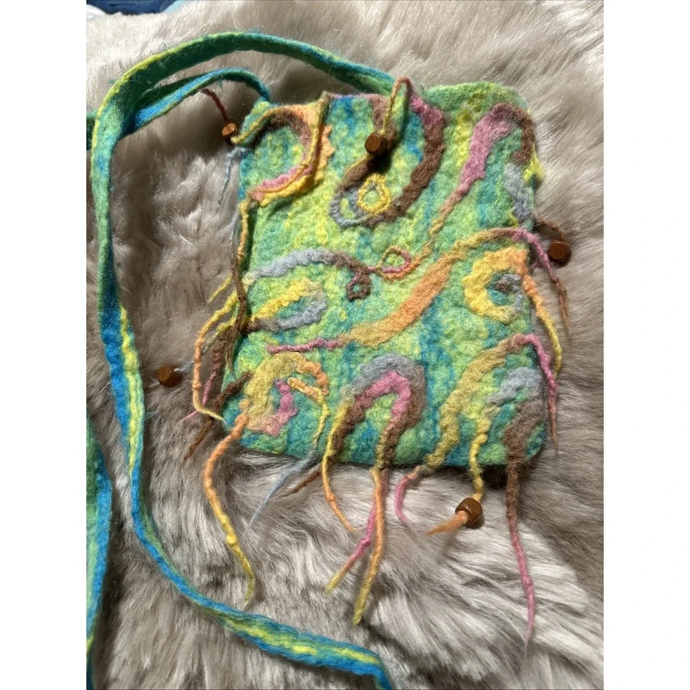 felted wool purse Bohemian Hippie Fairy Festival Green Design Fringe Crossbody - Picture 1 of 10